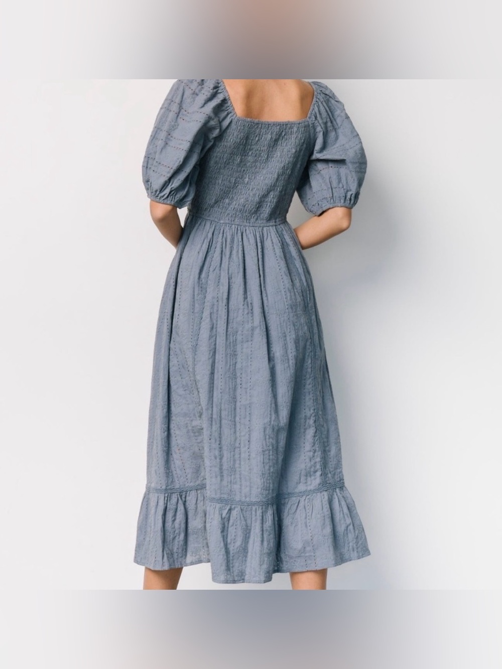Baltic Born Dusty Blue Eyelet Cotton Midi Dress with Puff Sleeves - Picture 2 of 9